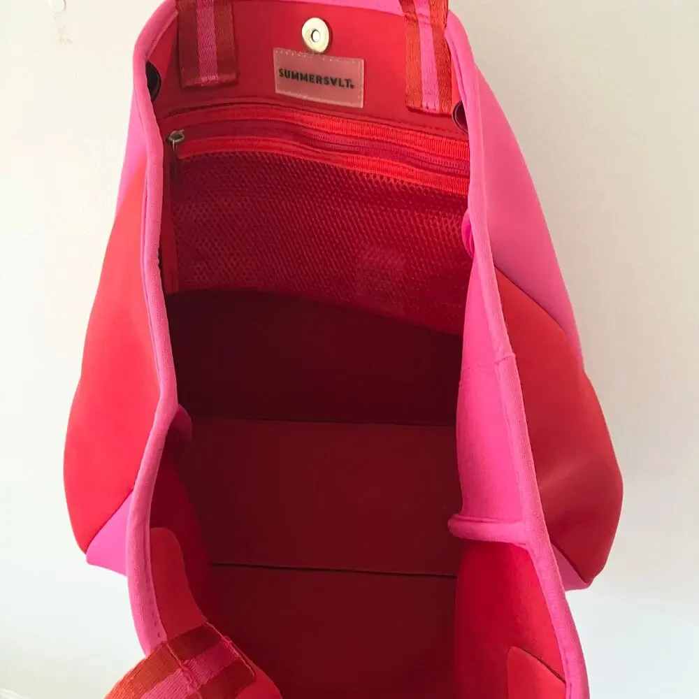 Summersalt Neoprene Pink Hisbiscus Red Lava Beach Tote Bag